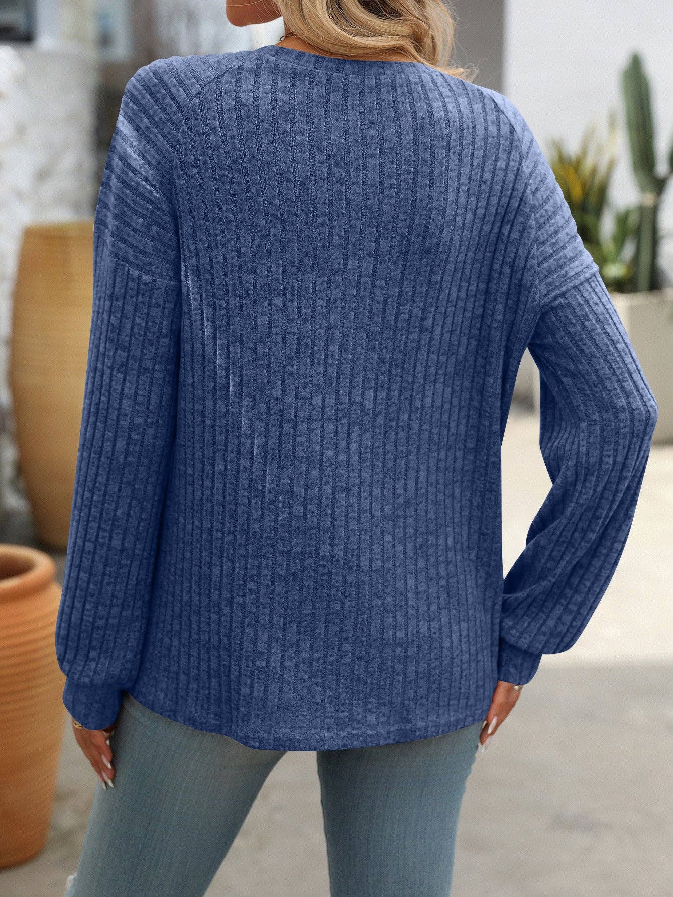 Lovesoft - Crew neck polished solid color top long sleeve button