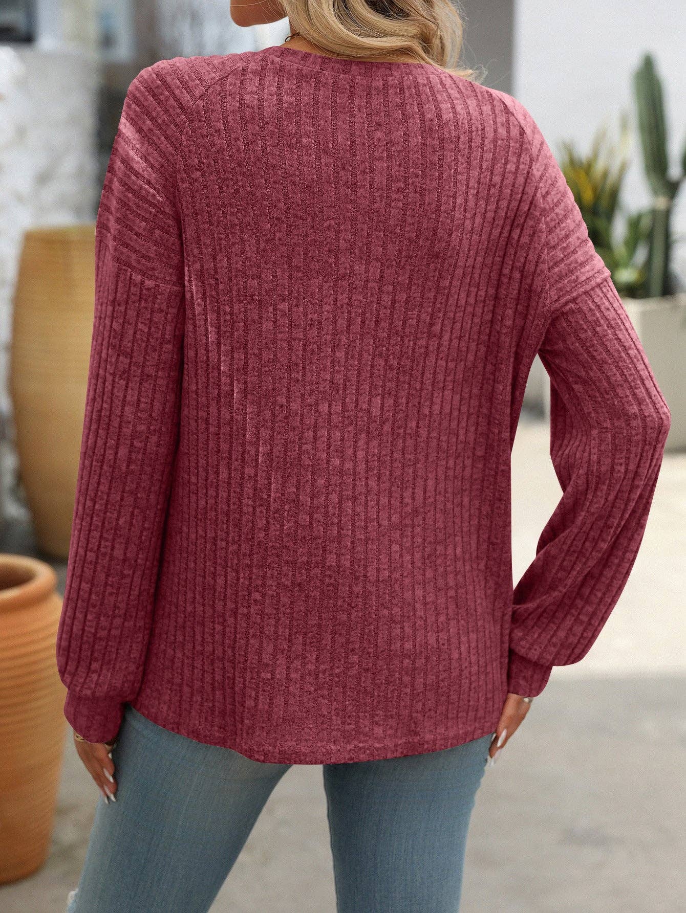 Lovesoft - Crew neck polished solid color top long sleeve button