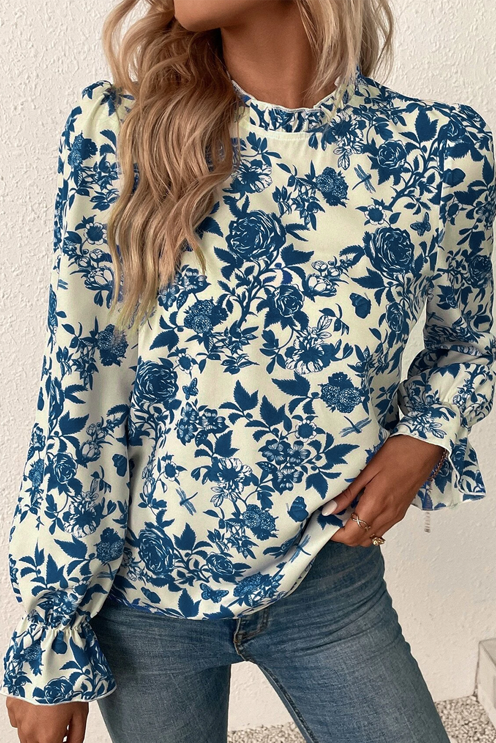 Lovesoft - Sky Blue Floral Print Flounce Sleeve Keyhole Back Blouse