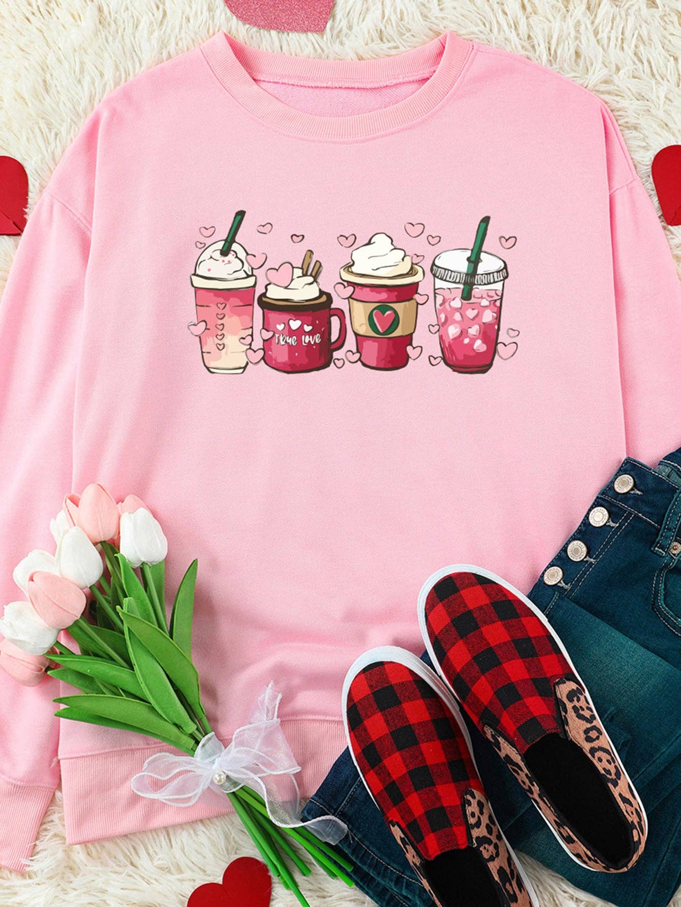 Lovesoft - Pink Valentines Sweet Drinking Graphic Print Sweatshirt