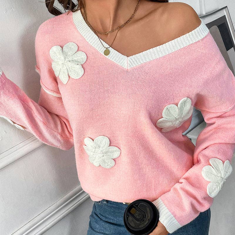 Lovesoft - Women's Long Sleeve V-Neck Decal Pink Valentine's Day Sweater