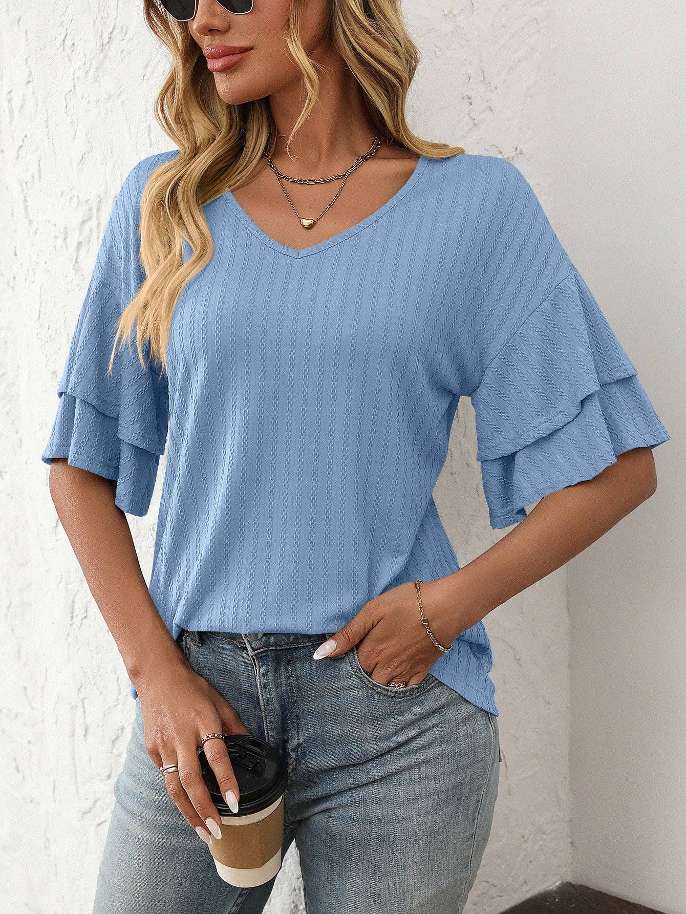 Lovesoft - 2025 Spring Solid Color V-Neck Ruffle Sleeve Short-Sleeve Top