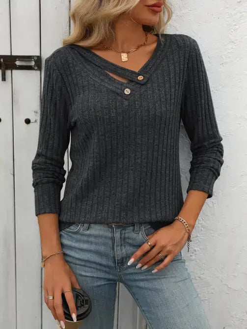 Lovesoft - V-Neck Button Sweater with Long Sleeves