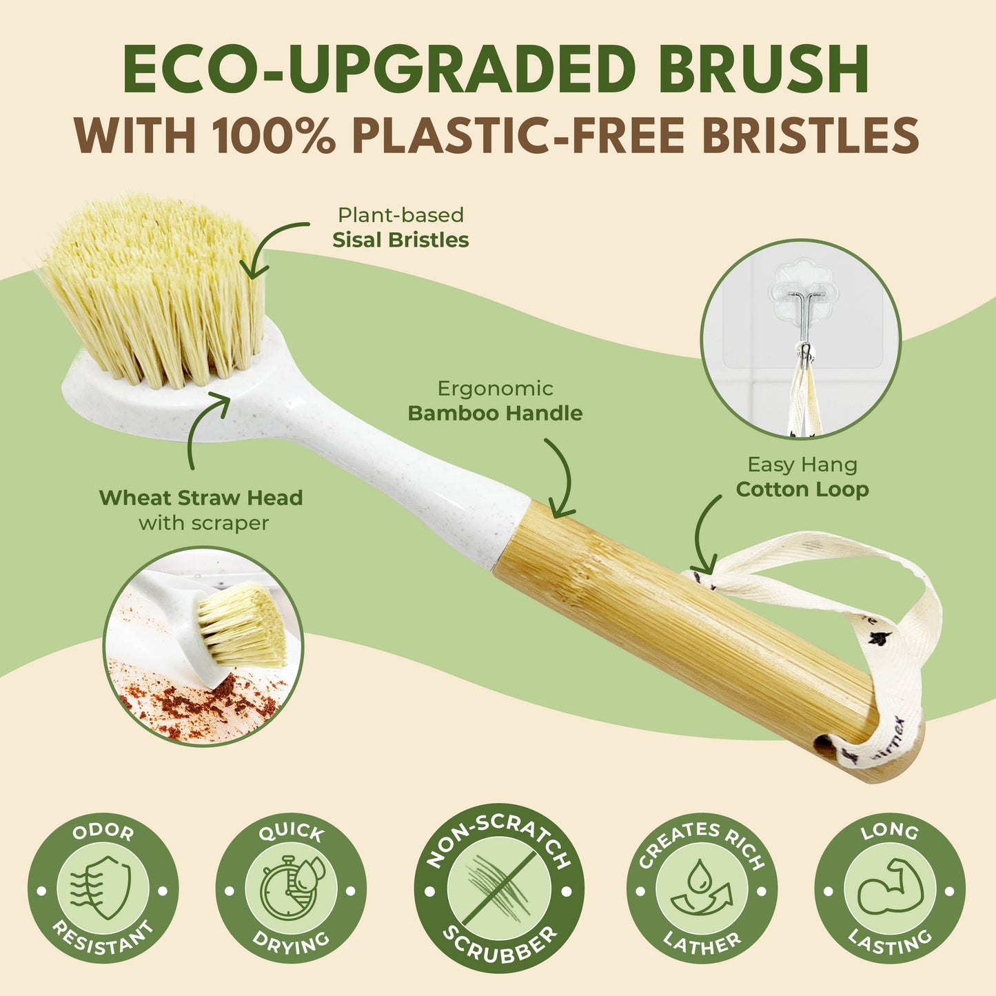 AIRNEX - Natural Cleaning Dish Brush - 1 pc Bamboo Brush with Handle