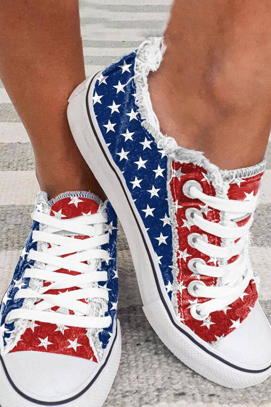 Lovesoft - Multicolor American Flag Stars Printed Frayed Detail Lace-up Shoes