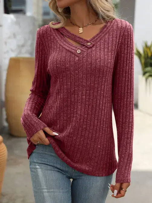 Lovesoft - V-Neck Button Sweater with Long Sleeves