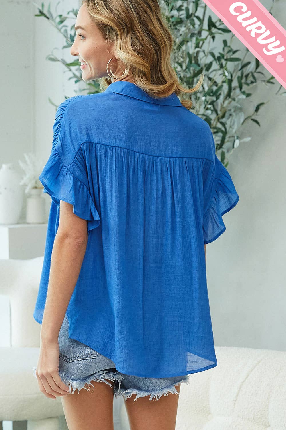 Sweet Lovely by Jen - PLUS SIZE CASUAL SHORT RUFFLE FLOWY SHIRT