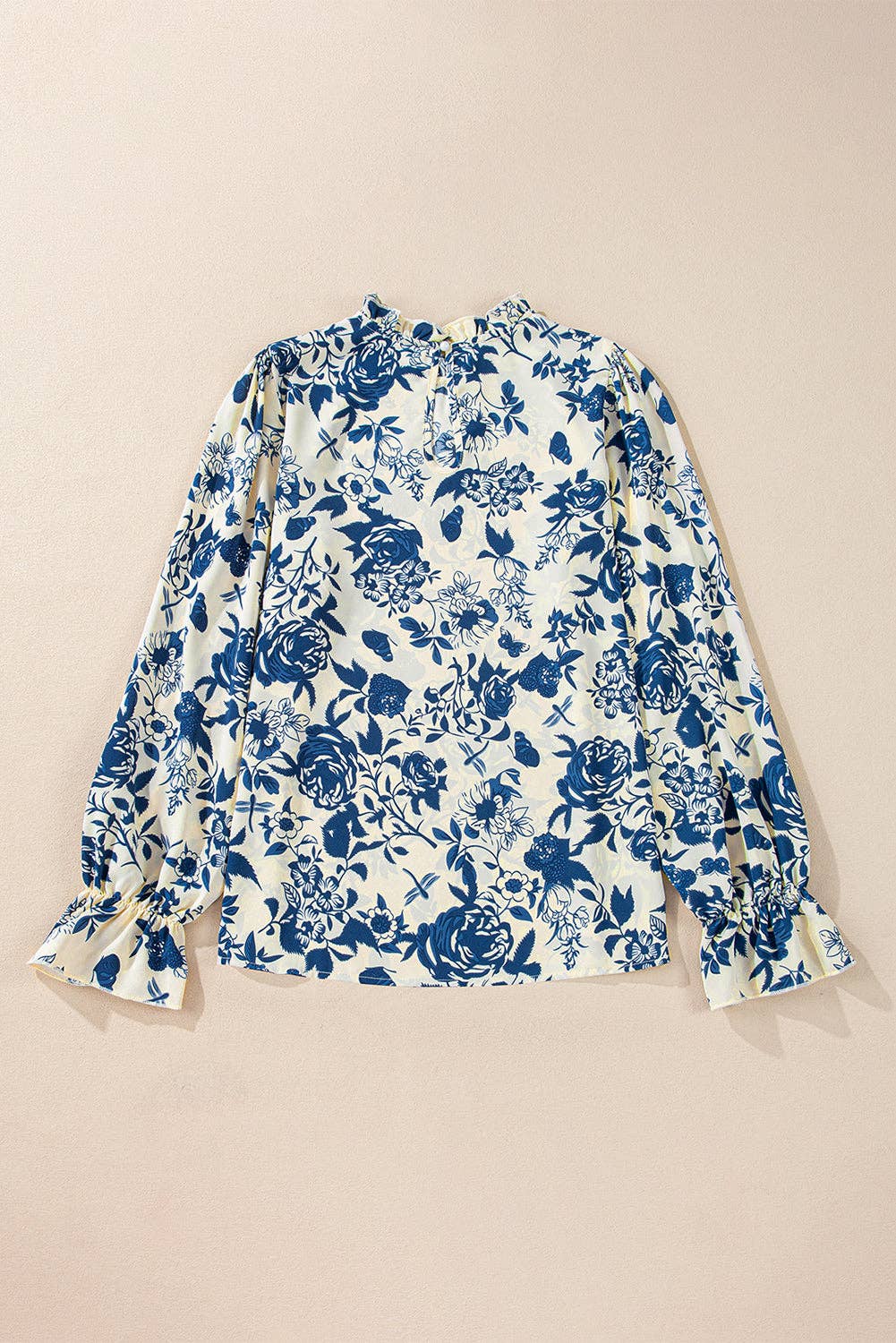 Lovesoft - Sky Blue Floral Print Flounce Sleeve Keyhole Back Blouse