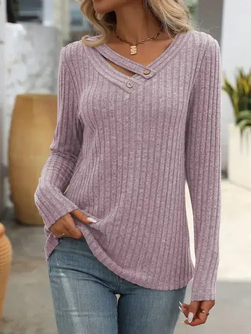 Lovesoft - V-Neck Button Sweater with Long Sleeves