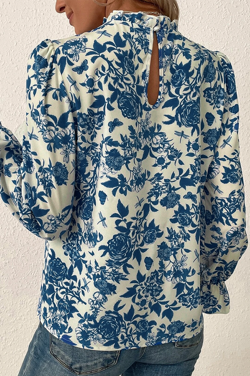 Lovesoft - Sky Blue Floral Print Flounce Sleeve Keyhole Back Blouse