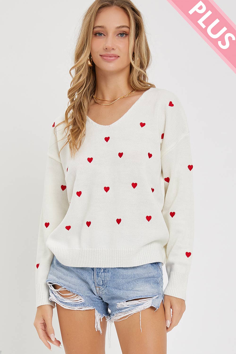 Sweet Lovely by Jen - PLUS SIZE HEART EMBROIDER SWEATER