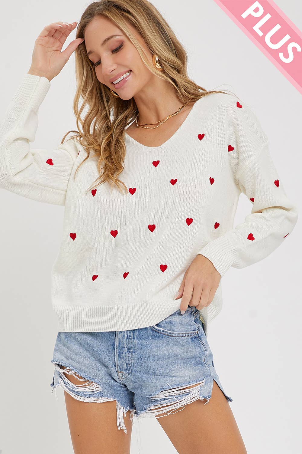 Sweet Lovely by Jen - PLUS SIZE HEART EMBROIDER SWEATER