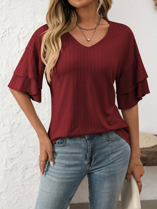 Lovesoft - 2025 Spring Solid Color V-Neck Ruffle Sleeve Short-Sleeve Top