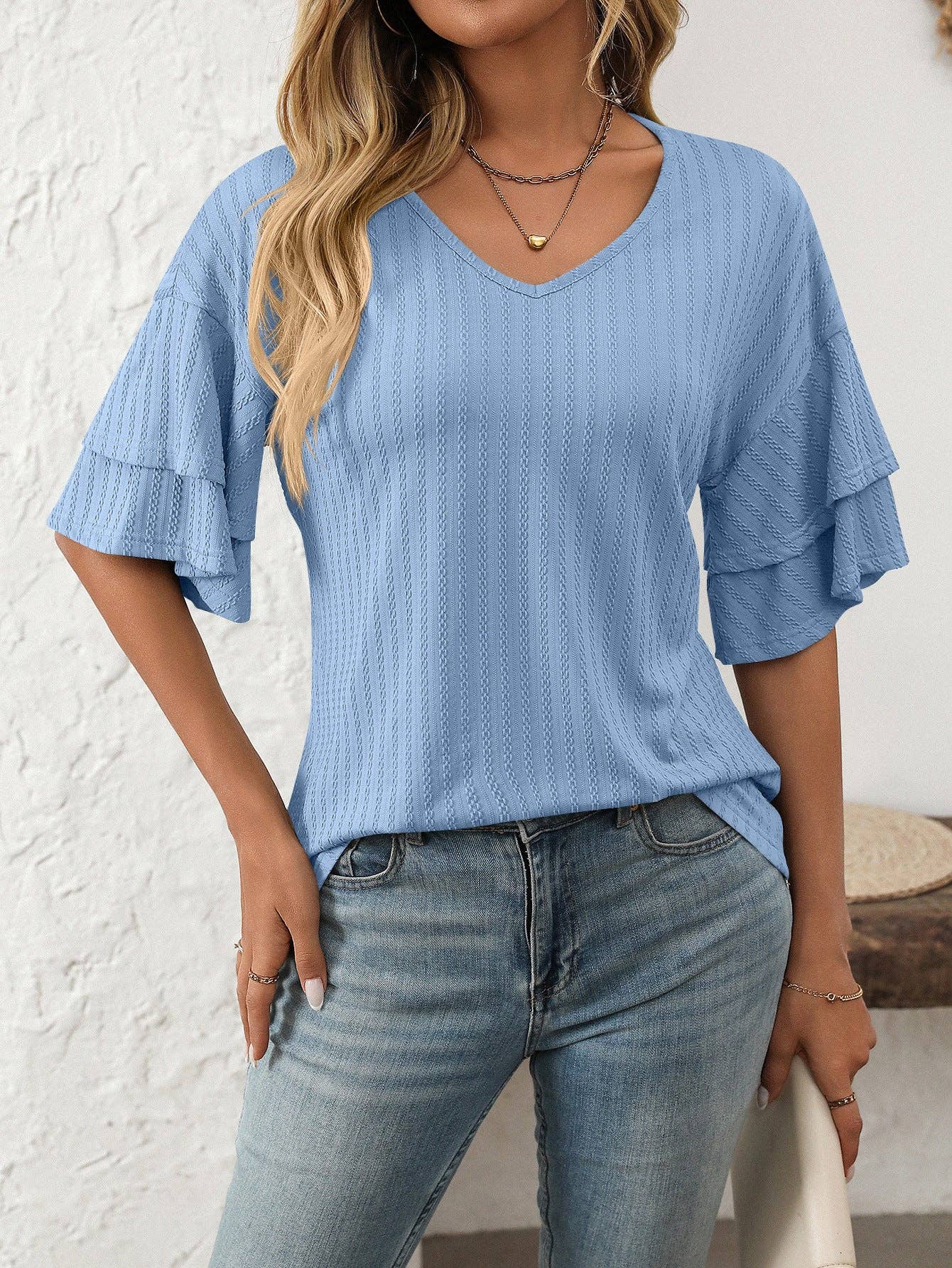 Lovesoft - 2025 Spring Solid Color V-Neck Ruffle Sleeve Short-Sleeve Top