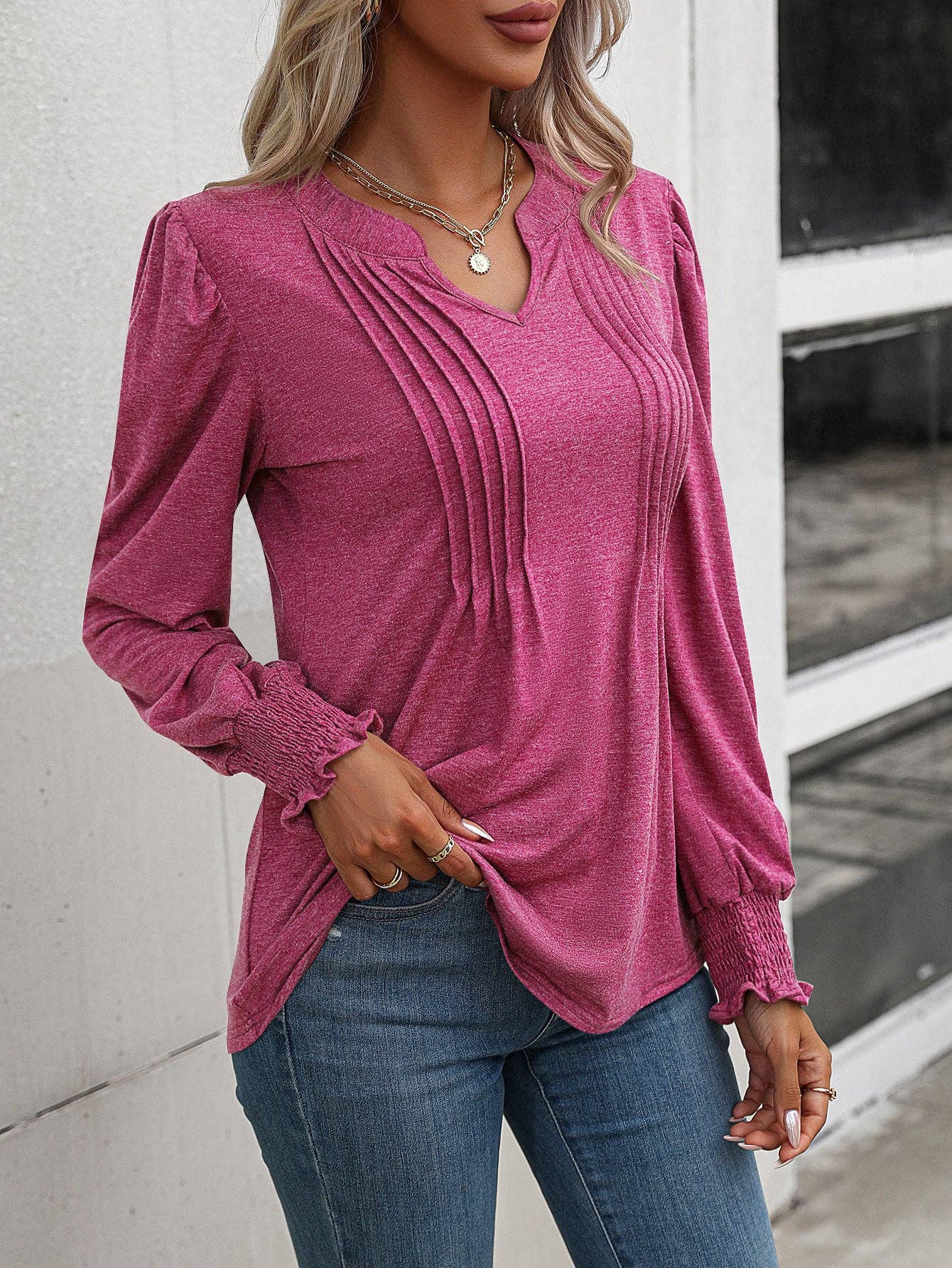 Lovesoft - Casual Top Bubble Sleeve Wrap V-Neck Long Sleeve T-Shirt