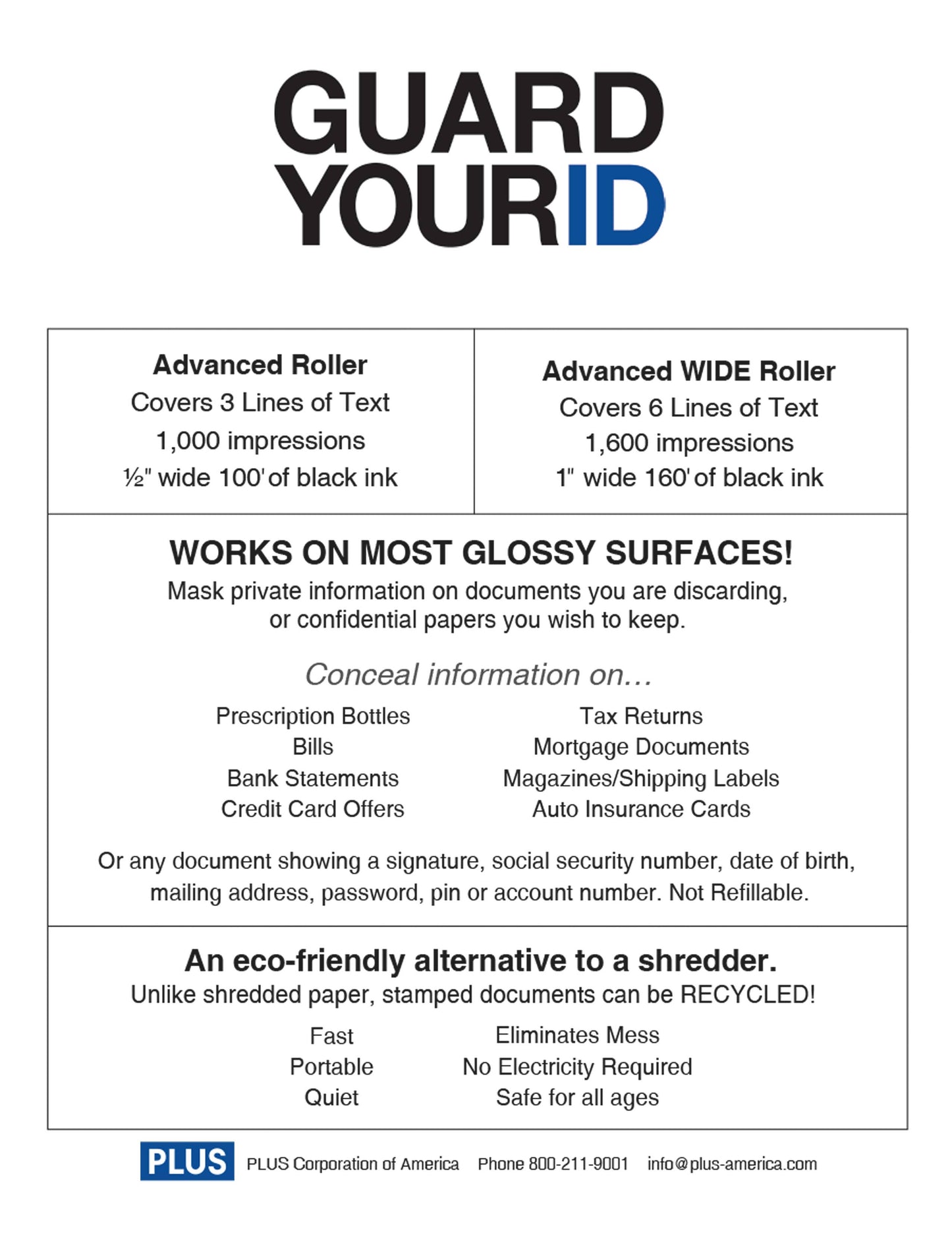 PLUS CORPORATION OF AMERICA - Guard Your ID Advanced Regular Roller. Color will be random.