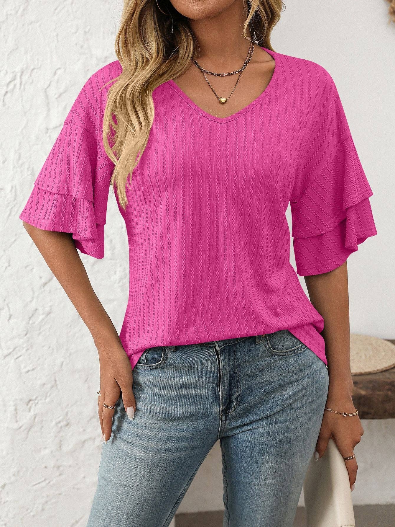 Lovesoft - 2025 Spring Solid Color V-Neck Ruffle Sleeve Short-Sleeve Top