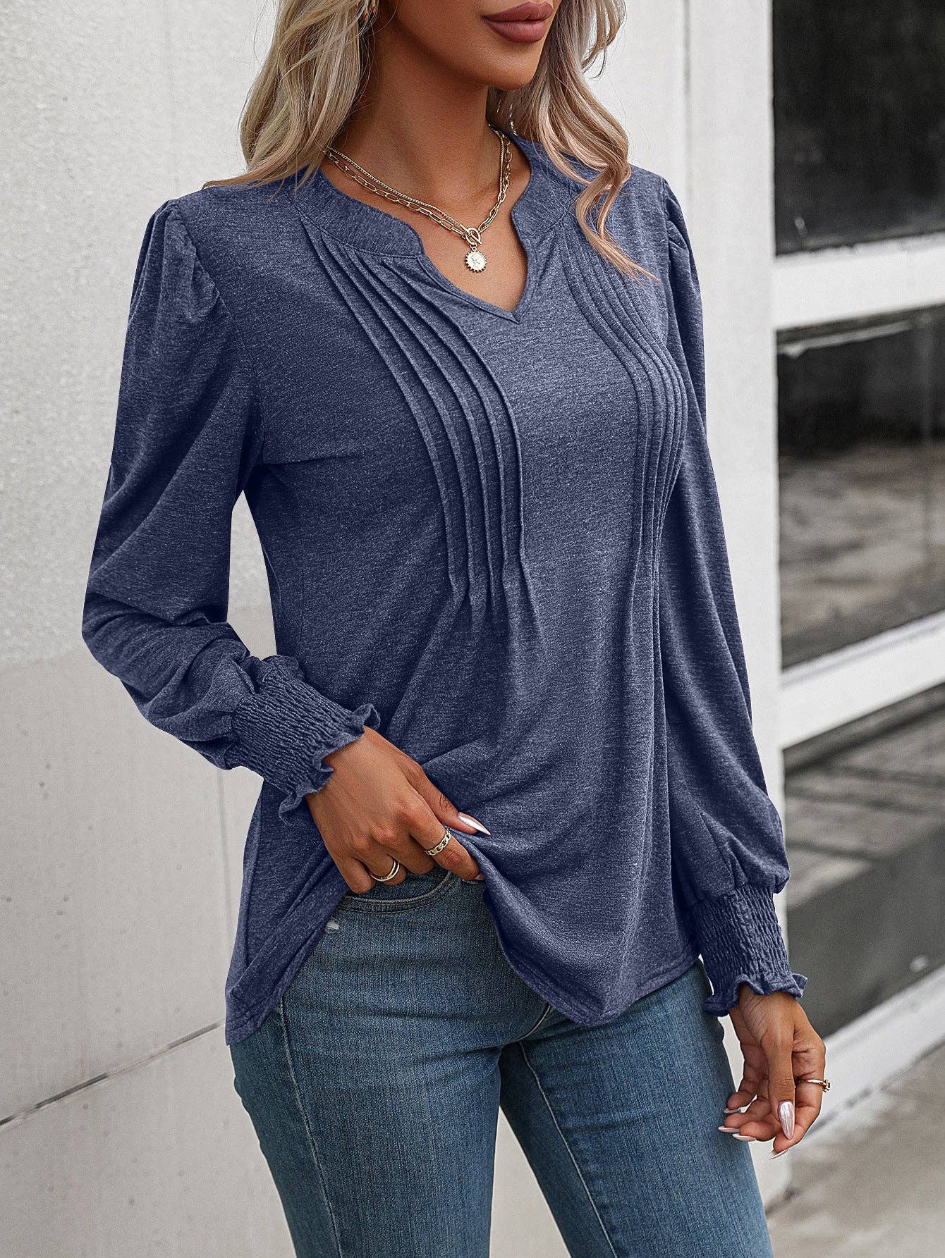 Lovesoft - Casual Top Bubble Sleeve Wrap V-Neck Long Sleeve T-Shirt