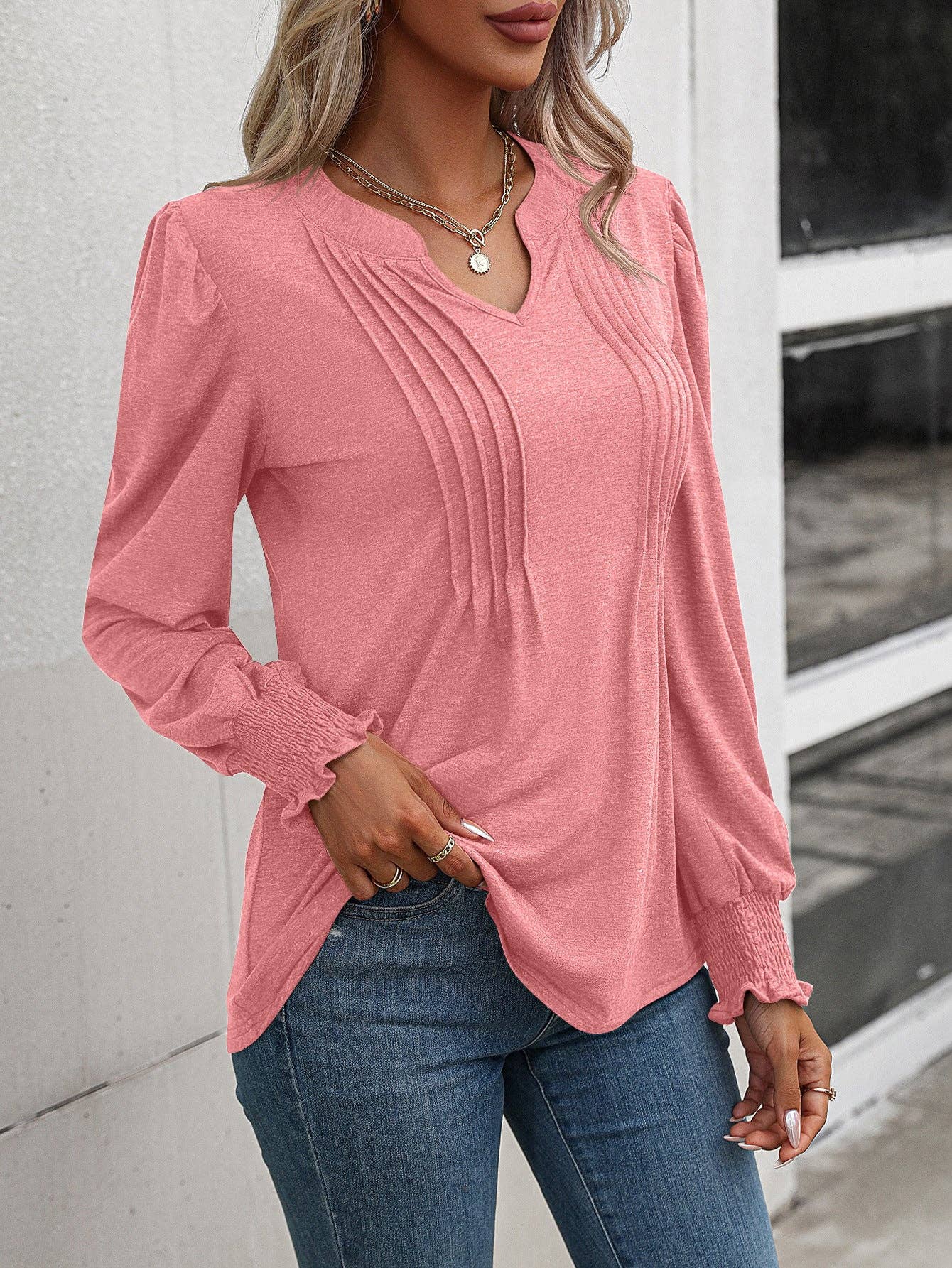 Lovesoft - Casual Top Bubble Sleeve Wrap V-Neck Long Sleeve T-Shirt