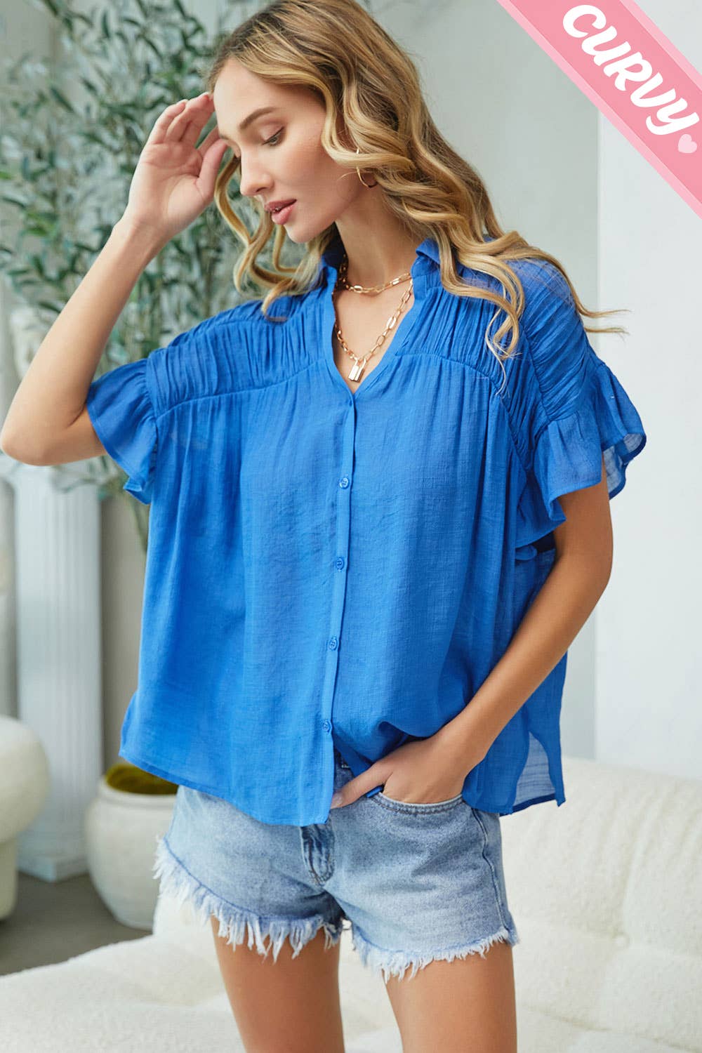 Sweet Lovely by Jen - PLUS SIZE CASUAL SHORT RUFFLE FLOWY SHIRT