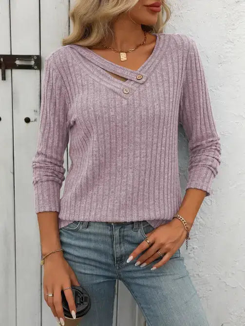 Lovesoft - V-Neck Button Sweater with Long Sleeves