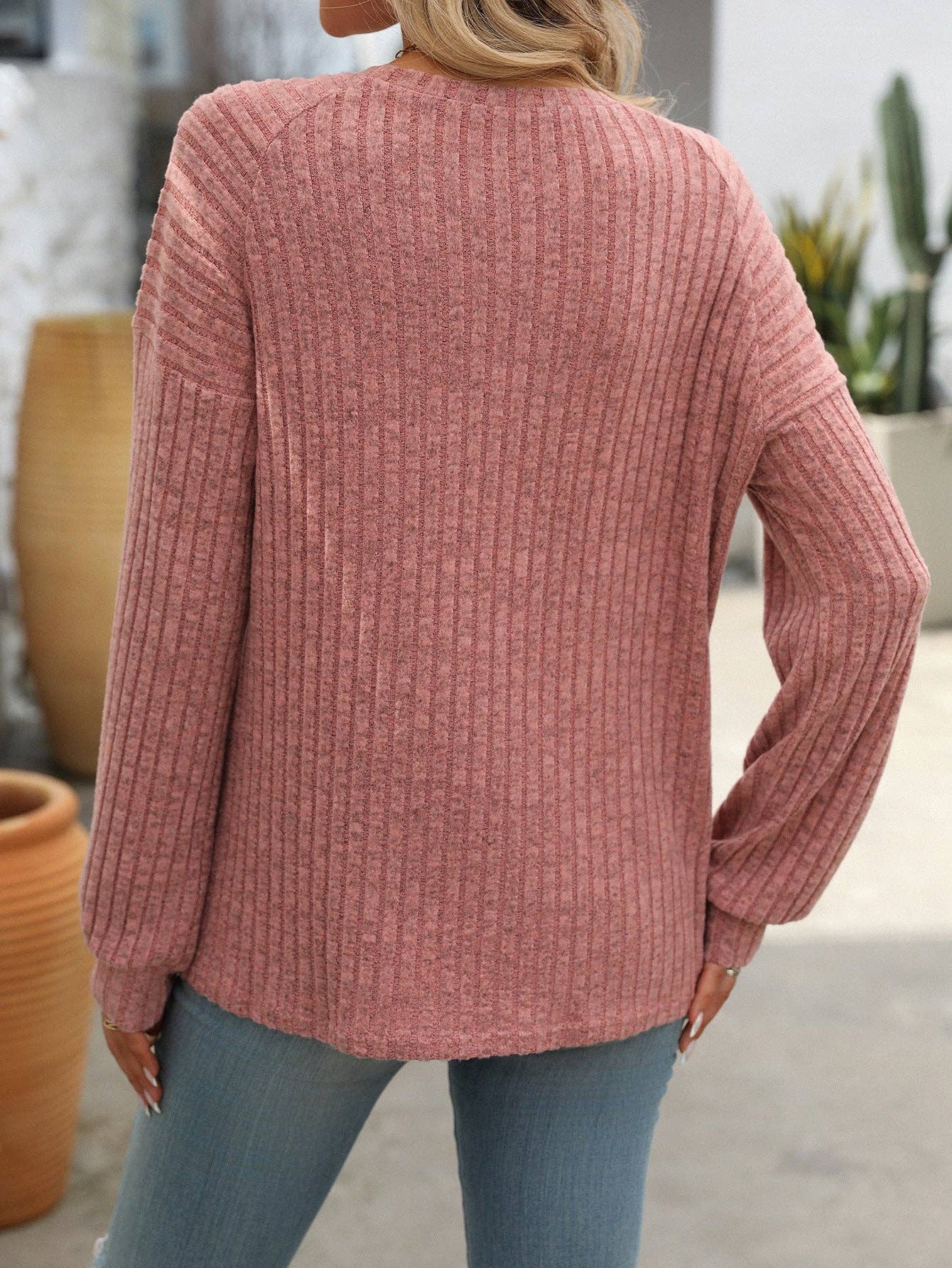 Lovesoft - Crew neck polished solid color top long sleeve button