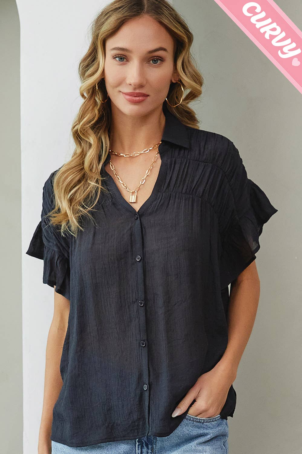 Sweet Lovely by Jen - PLUS SIZE CASUAL SHORT RUFFLE FLOWY SHIRT