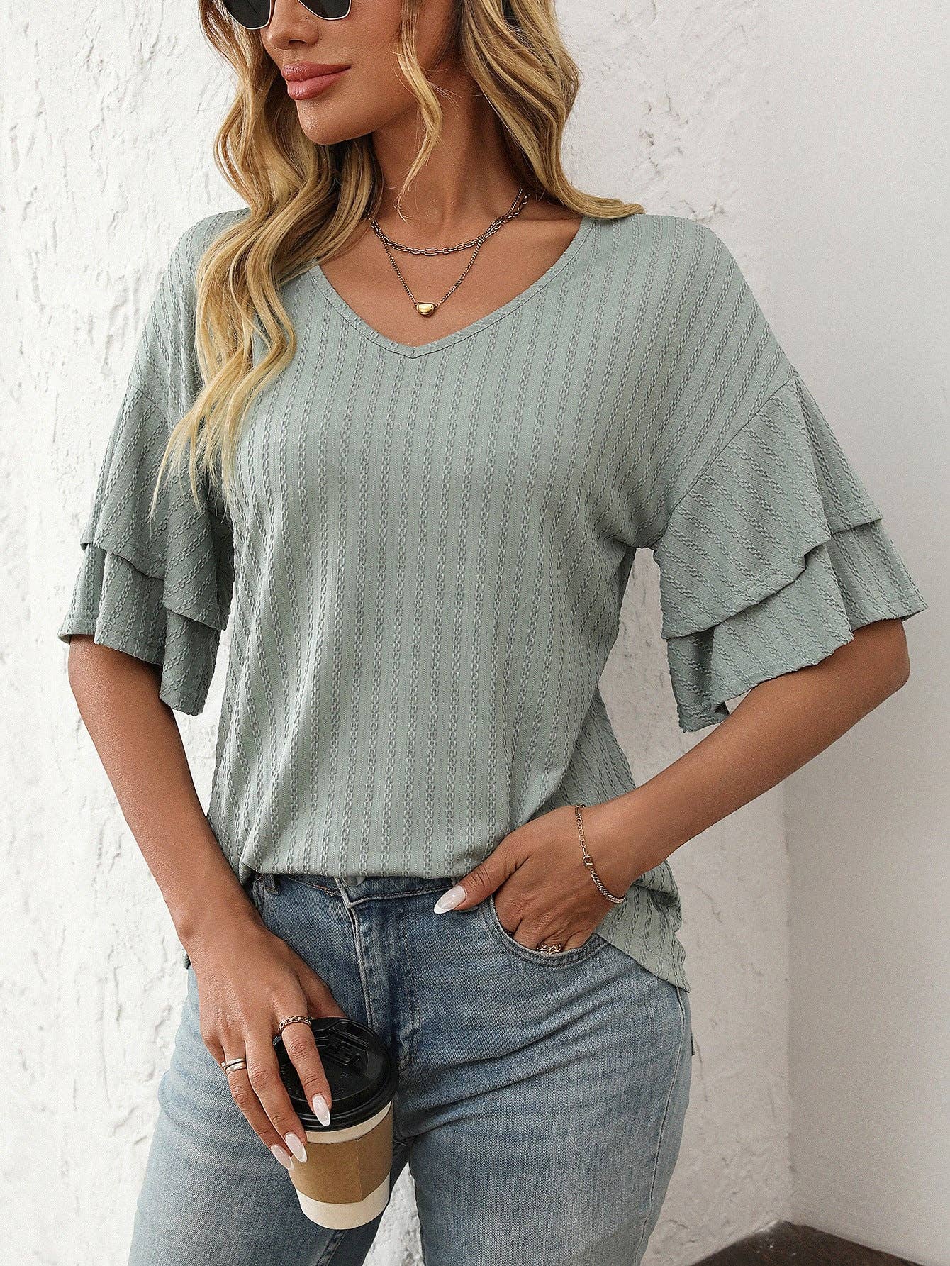 Lovesoft - 2025 Spring Solid Color V-Neck Ruffle Sleeve Short-Sleeve Top