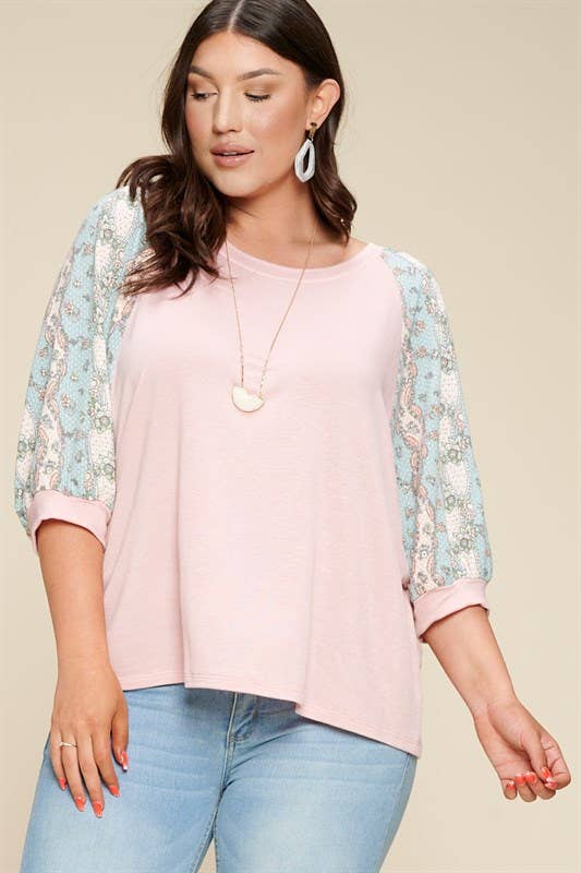 Emerald Collection - ETK-8442-PL Plus Size Floral Paisley Sleeves Fashion Top