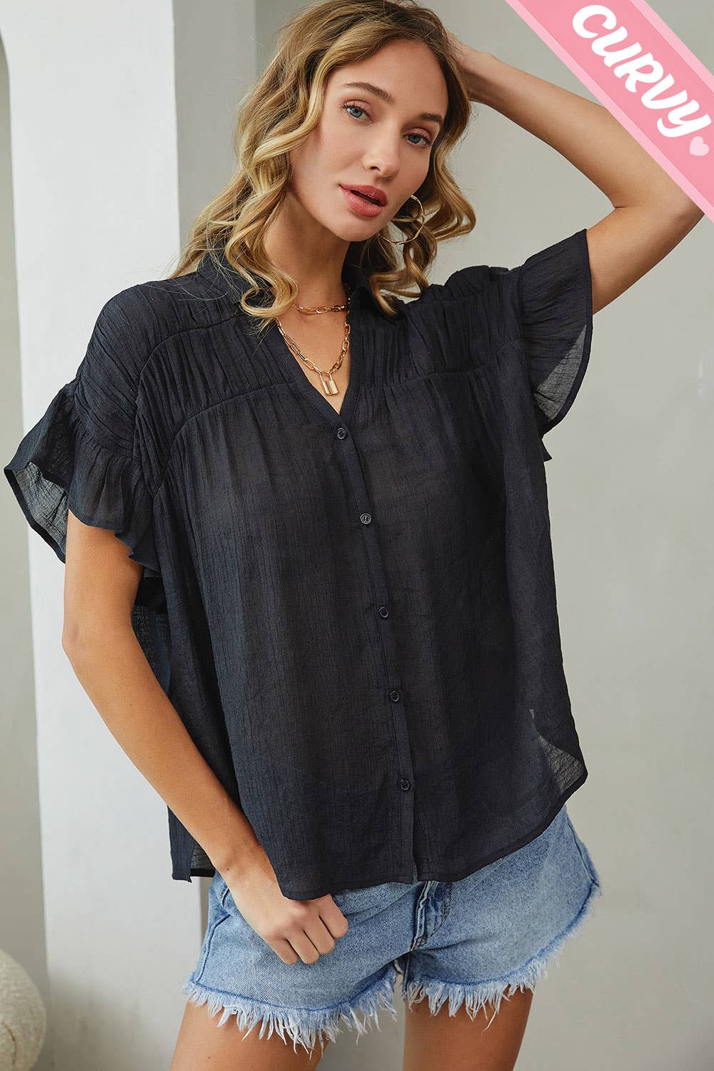 Sweet Lovely by Jen - PLUS SIZE CASUAL SHORT RUFFLE FLOWY SHIRT