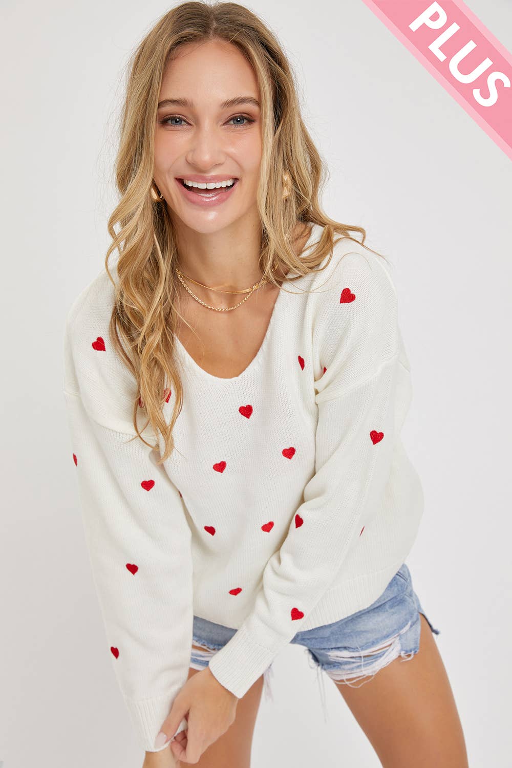 Sweet Lovely by Jen - PLUS SIZE HEART EMBROIDER SWEATER