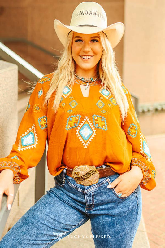 LUCKY & BLESSED - Mocha Aztec Embroidered Chiffon Keyhole Top