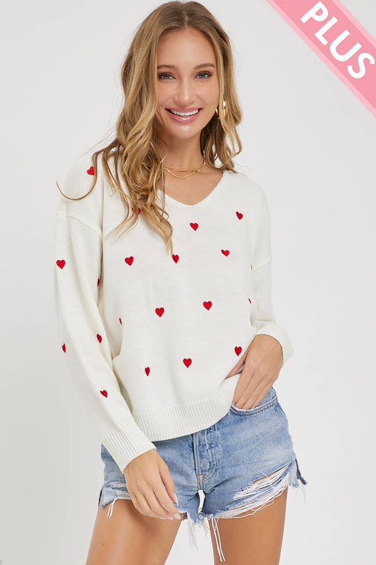 Sweet Lovely by Jen - PLUS SIZE HEART EMBROIDER SWEATER