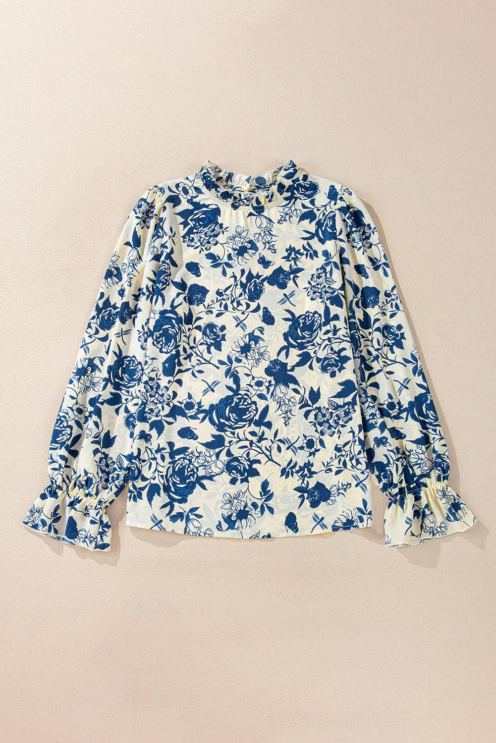 Lovesoft - Sky Blue Floral Print Flounce Sleeve Keyhole Back Blouse