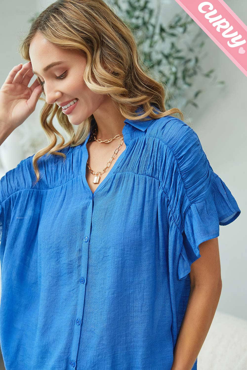 Sweet Lovely by Jen - PLUS SIZE CASUAL SHORT RUFFLE FLOWY SHIRT