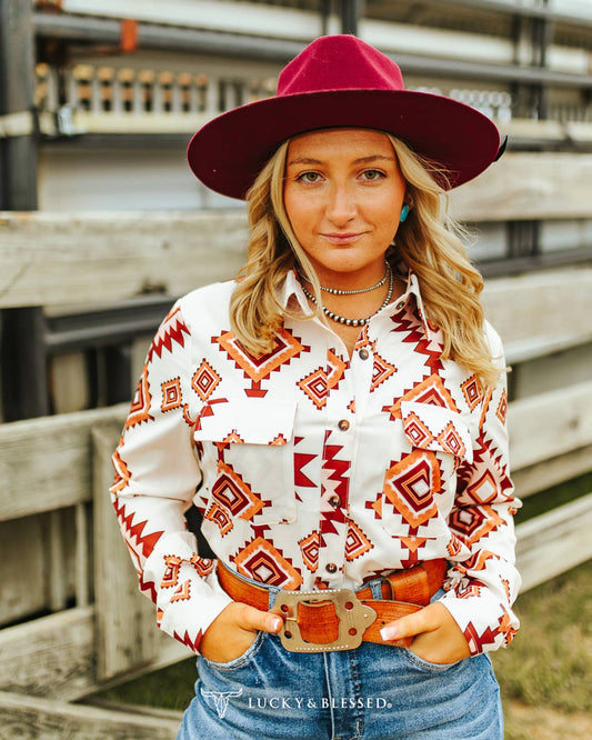 LUCKY & BLESSED - Plus Size Cream Aztec Button Down Long Sleeve Top