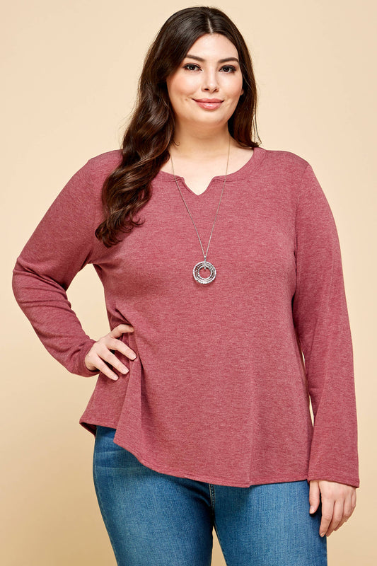 Emerald Collection - ETK-8554-PL Plus Size Solid Long Sleeve Basic Top