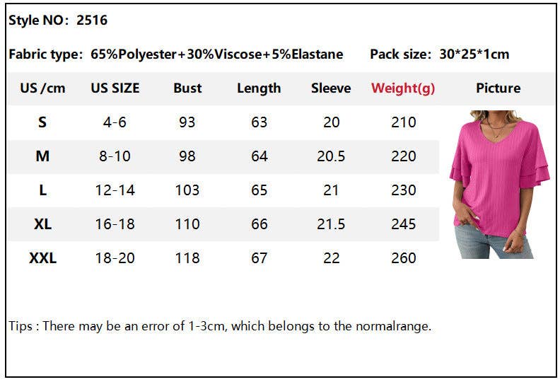 Lovesoft - 2025 Spring Solid Color V-Neck Ruffle Sleeve Short-Sleeve Top