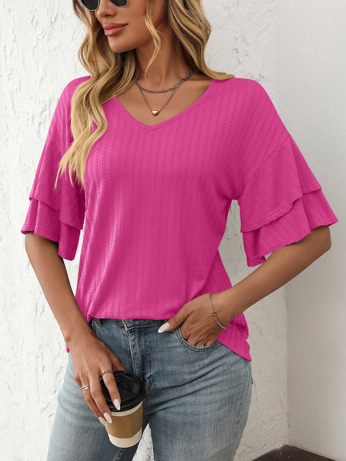 Lovesoft - 2025 Spring Solid Color V-Neck Ruffle Sleeve Short-Sleeve Top