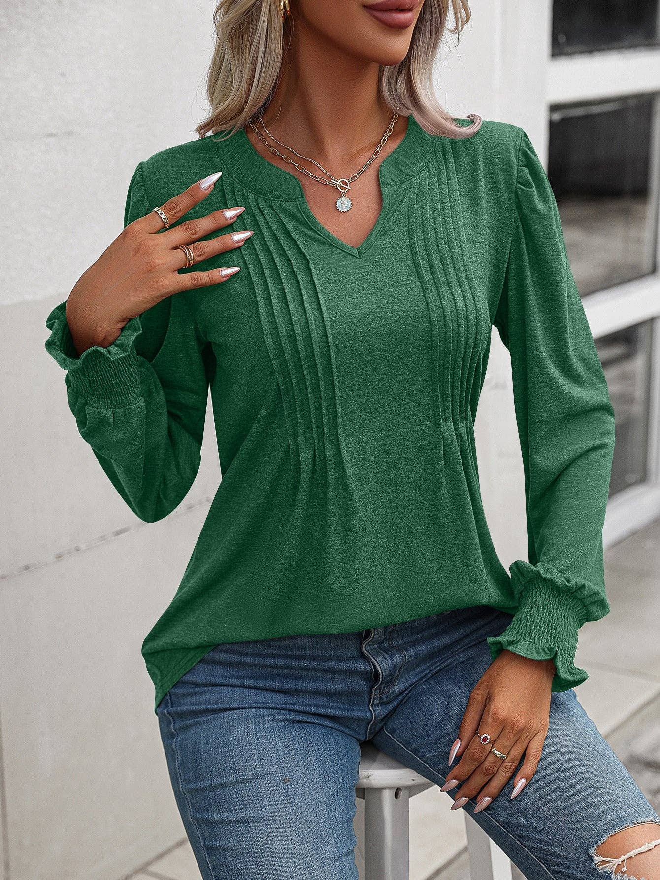 Lovesoft - Casual Top Bubble Sleeve Wrap V-Neck Long Sleeve T-Shirt