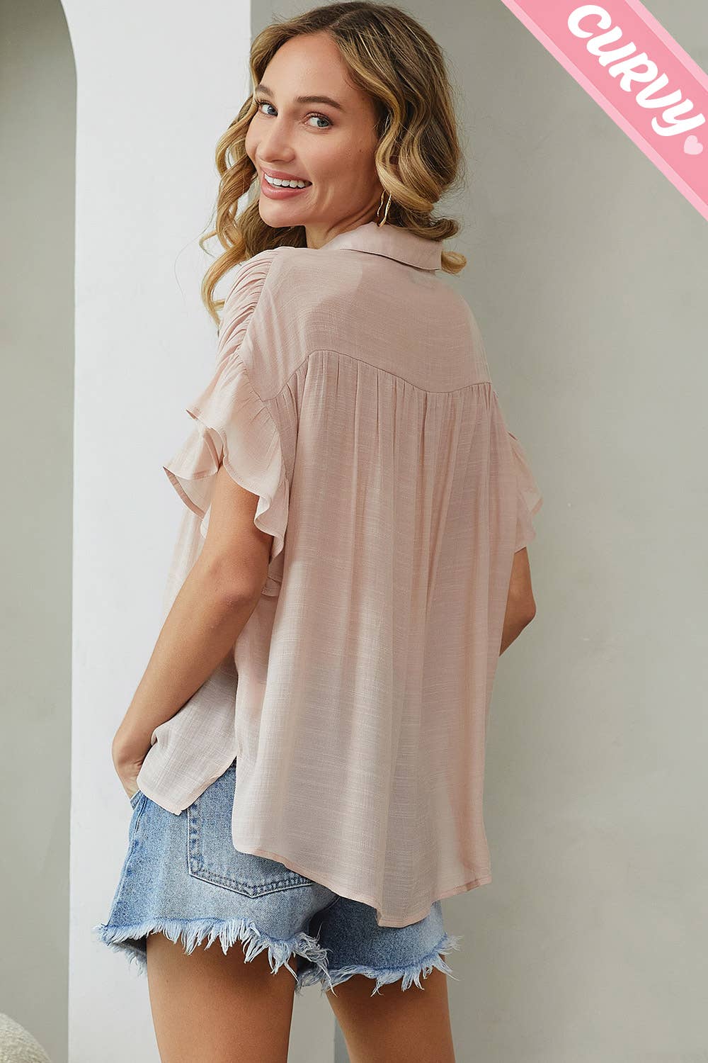 Sweet Lovely by Jen - PLUS SIZE CASUAL SHORT RUFFLE FLOWY SHIRT