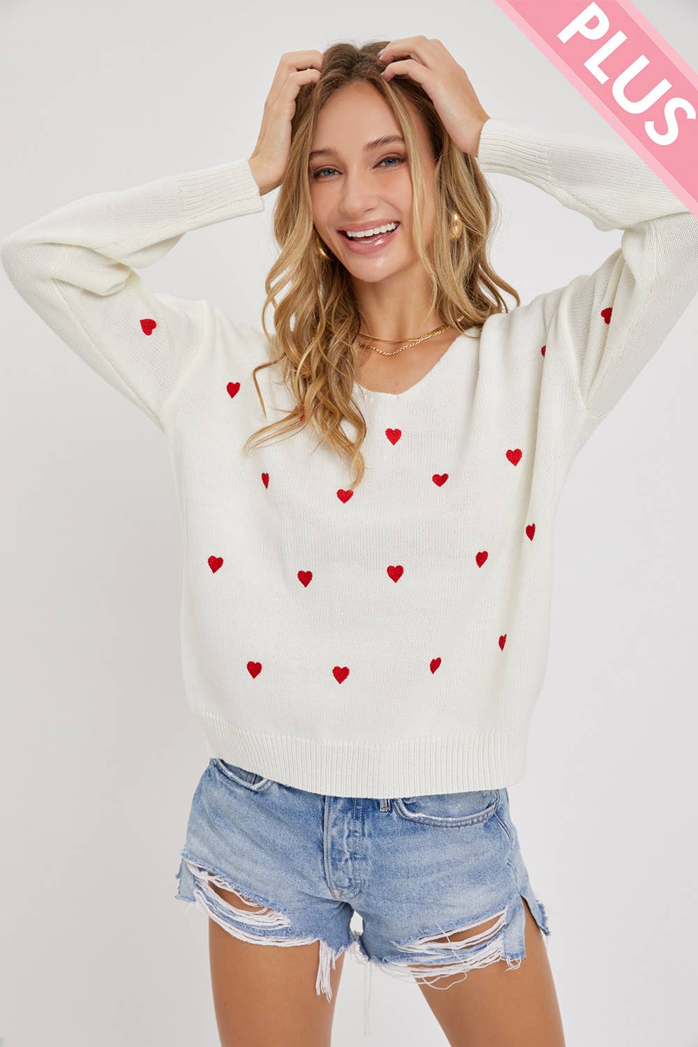 Sweet Lovely by Jen - PLUS SIZE HEART EMBROIDER SWEATER