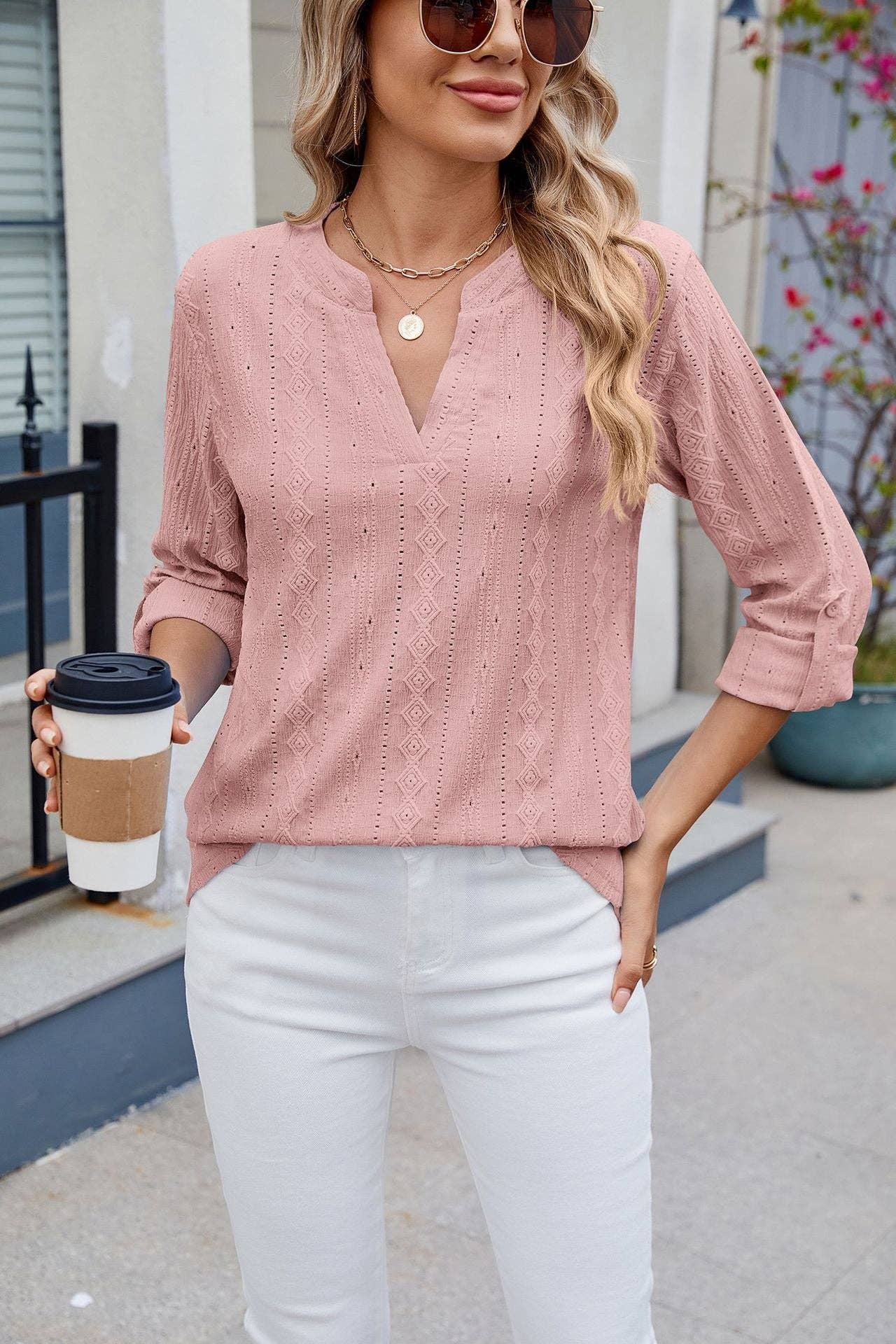 Lovesoft - Solid Color V-Neck Sleeve Button Top