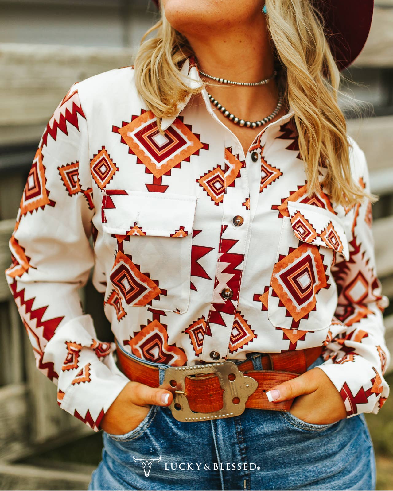 LUCKY & BLESSED - Cream Aztec Button Down Long Sleeve Shirt