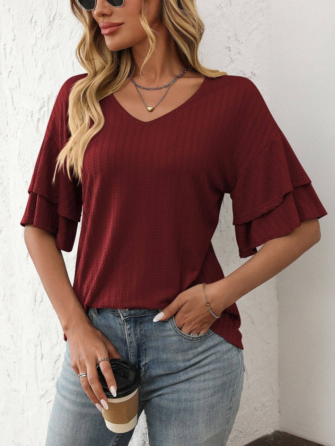 Lovesoft - 2025 Spring Solid Color V-Neck Ruffle Sleeve Short-Sleeve Top