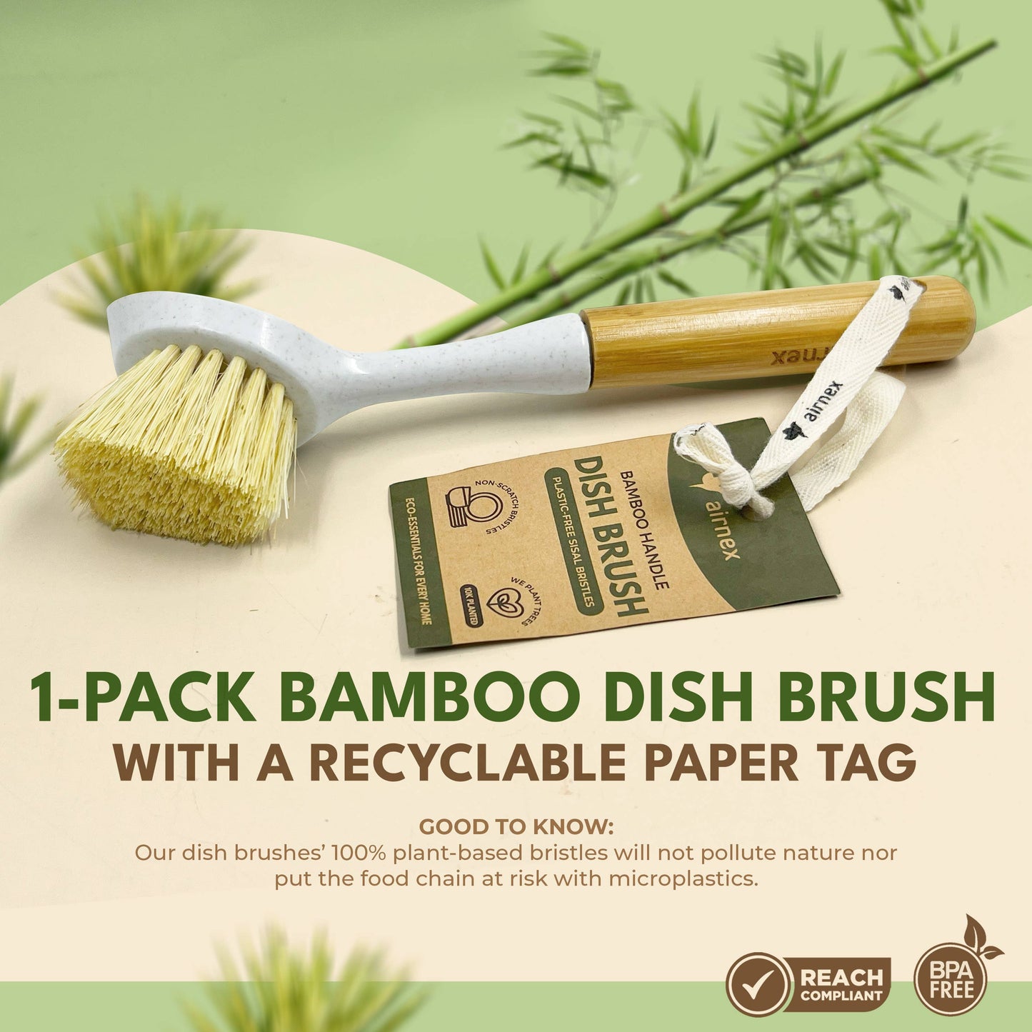 AIRNEX - Natural Cleaning Dish Brush - 1 pc Bamboo Brush with Handle