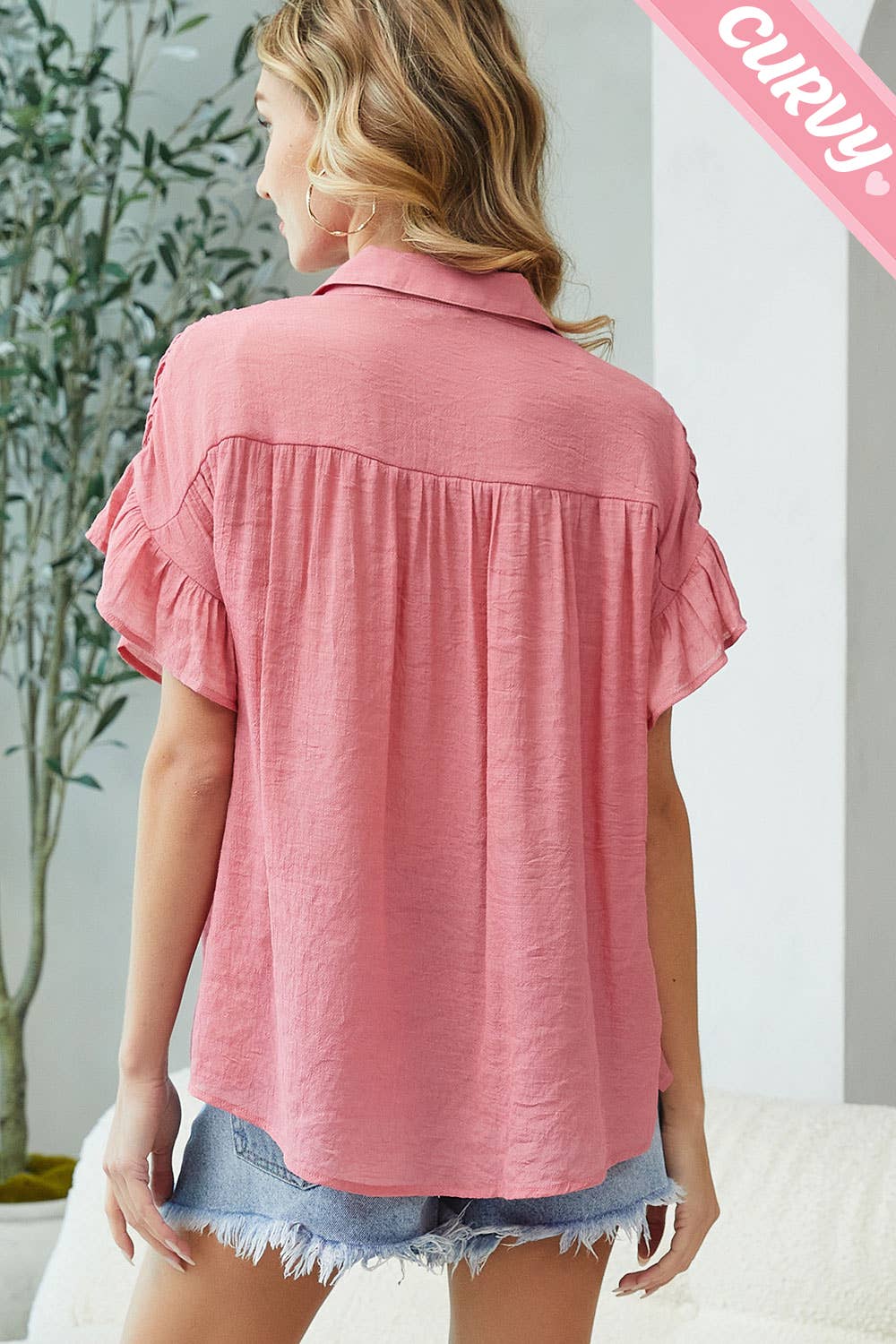 Sweet Lovely by Jen - PLUS SIZE CASUAL SHORT RUFFLE FLOWY SHIRT