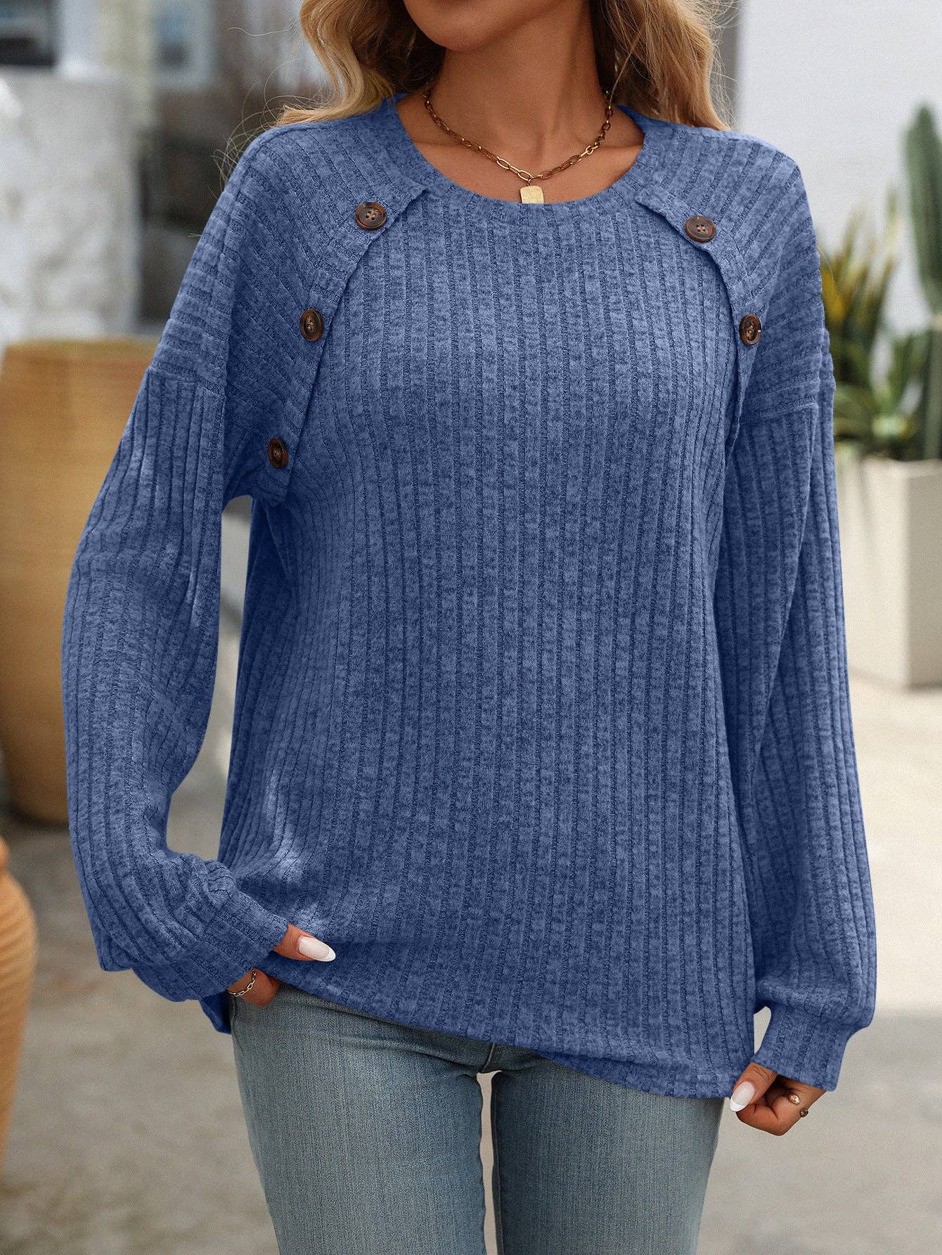 Lovesoft - Crew neck polished solid color top long sleeve button