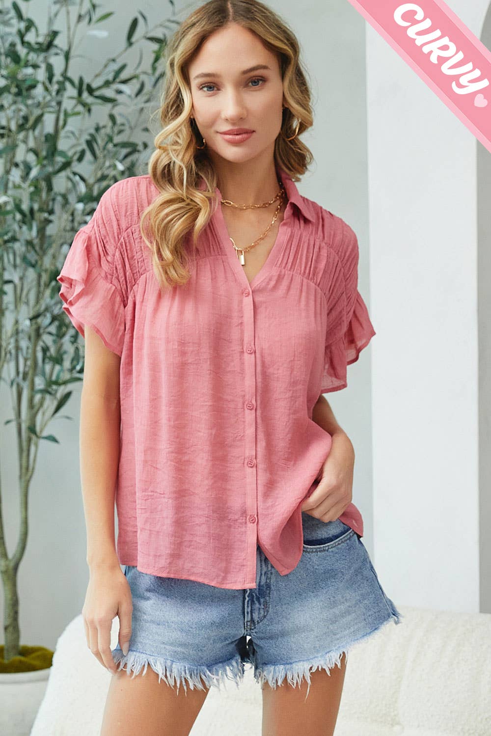 Sweet Lovely by Jen - PLUS SIZE CASUAL SHORT RUFFLE FLOWY SHIRT