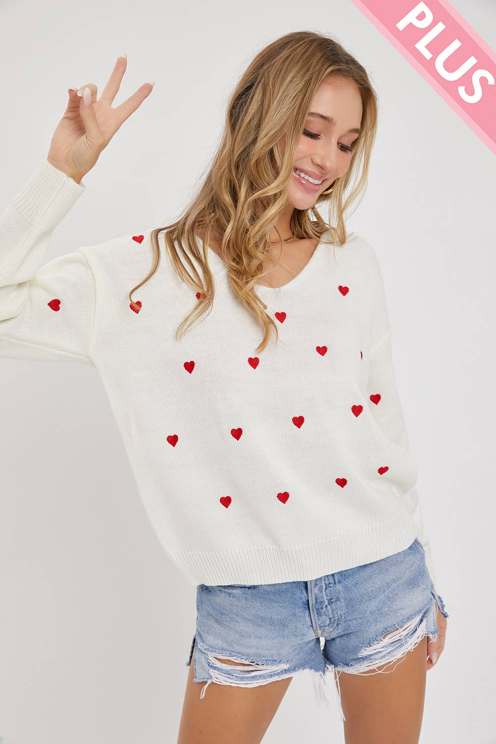 Sweet Lovely by Jen - PLUS SIZE HEART EMBROIDER SWEATER